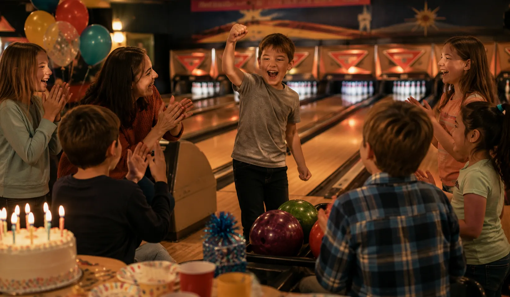Kids celebrating a birthday party at the bowling alley, cake and balloons in foreground