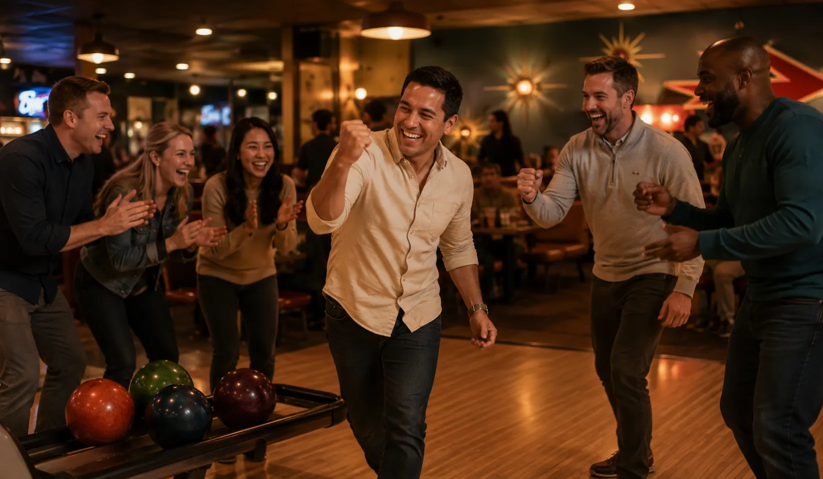 A group of coworkers celebrating a strike during a corporate bowling night